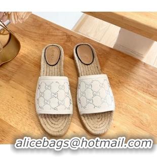 Top Design Gucci Strass GG Canvas Espadrille Flat Slides Sandal White 05082