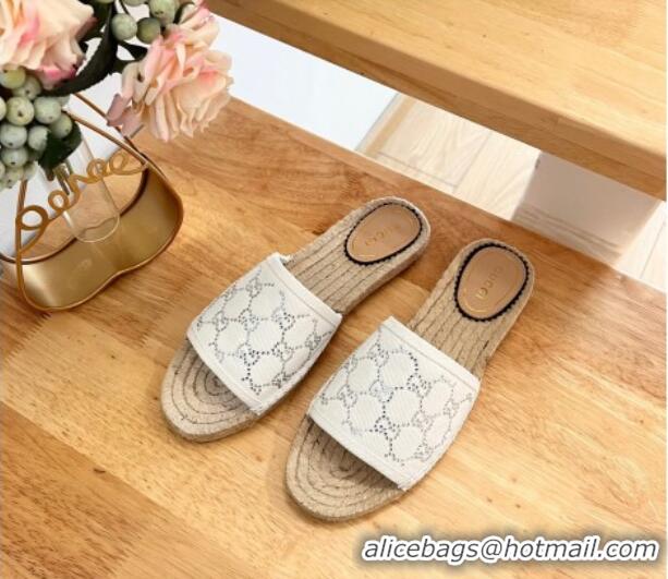 Top Design Gucci Strass GG Canvas Espadrille Flat Slides Sandal White 05082