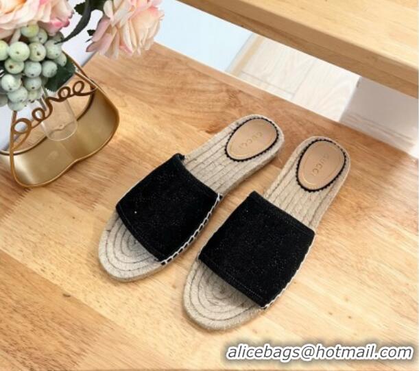 Most Popular Gucci Strass GG Canvas Espadrille Flat Slides Sandal Black 05083