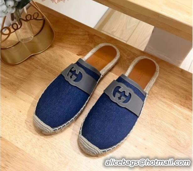 Charming Gucci GG Denim Espadrille Flat Mules with Interlocking G Blue 605089