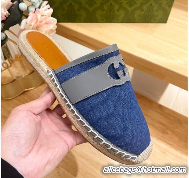 Charming Gucci GG Denim Espadrille Flat Mules with Interlocking G Blue 605089