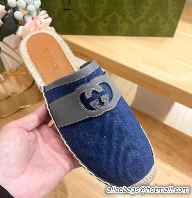 Charming Gucci GG Denim Espadrille Flat Mules with Interlocking G Blue 605089