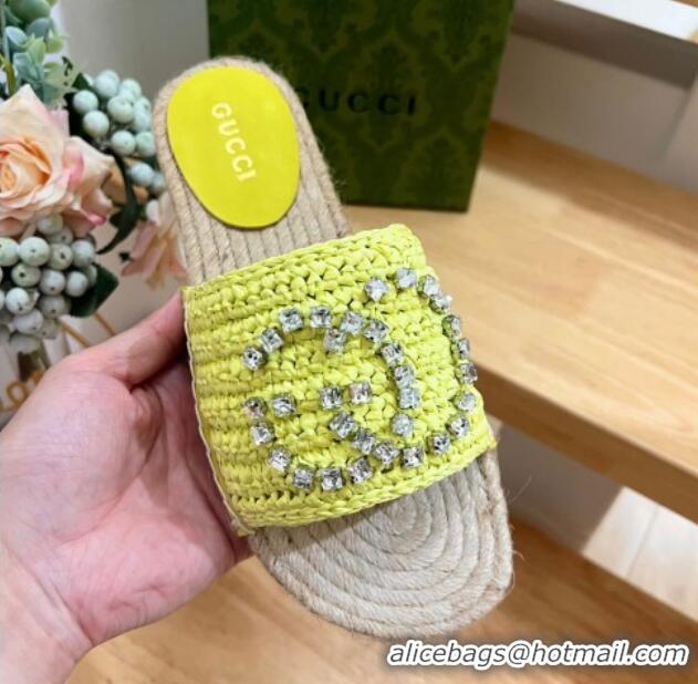 Stylish Gucci Strass Interlocking G Espadrille Flat Slides Sandal Lime Green 605090