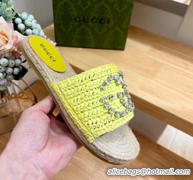 Stylish Gucci Strass Interlocking G Espadrille Flat Slides Sandal Lime Green 605090