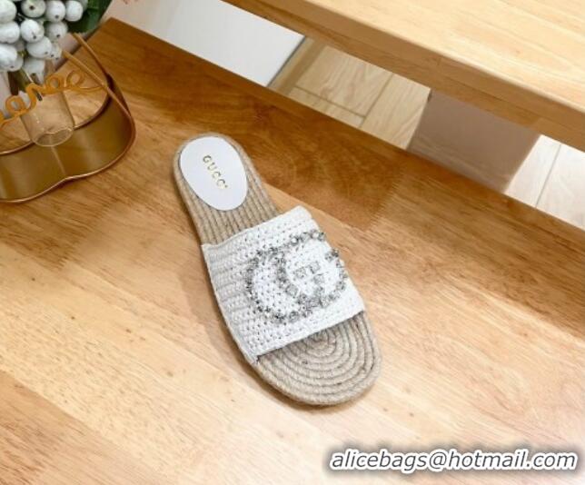 Best Grade Gucci Strass Interlocking G Espadrille Flat Slides Sandal White 605091