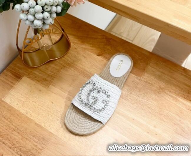 Best Grade Gucci Strass Interlocking G Espadrille Flat Slides Sandal White 605091