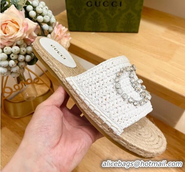 Best Grade Gucci Strass Interlocking G Espadrille Flat Slides Sandal White 605091