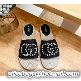 Best Price Gucci Strass Interlocking G Espadrille Flat Slides Sandal Black 605092