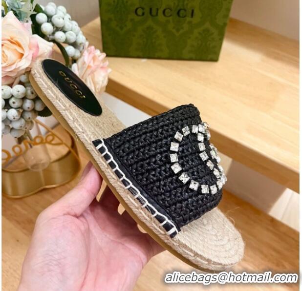 Best Price Gucci Strass Interlocking G Espadrille Flat Slides Sandal Black 605092