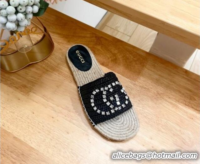 Best Price Gucci Strass Interlocking G Espadrille Flat Slides Sandal Black 605092