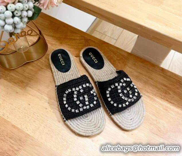 Best Price Gucci Strass Interlocking G Espadrille Flat Slides Sandal Black 605092