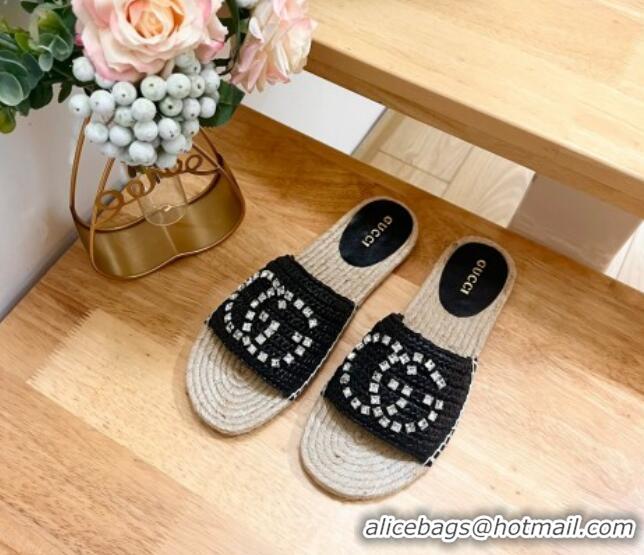 Best Price Gucci Strass Interlocking G Espadrille Flat Slides Sandal Black 605092