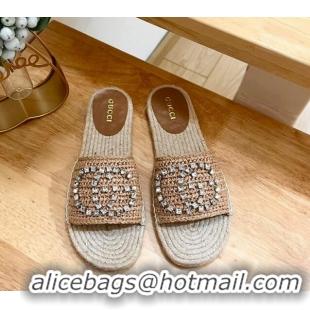 Pretty Style Gucci Strass Interlocking G Espadrille Flat Slides Sandal Dark Beige 05093