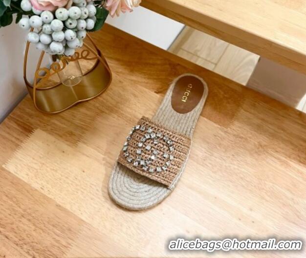 Pretty Style Gucci Strass Interlocking G Espadrille Flat Slides Sandal Dark Beige 05093