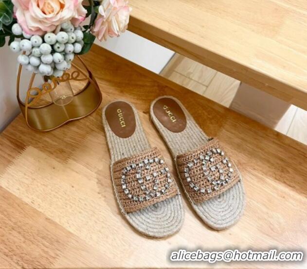 Pretty Style Gucci Strass Interlocking G Espadrille Flat Slides Sandal Dark Beige 05093