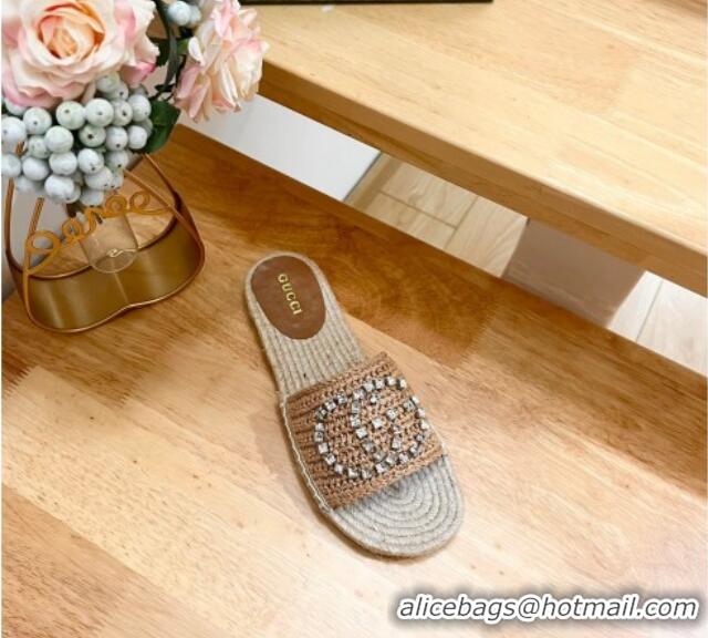 Pretty Style Gucci Strass Interlocking G Espadrille Flat Slides Sandal Dark Beige 05093