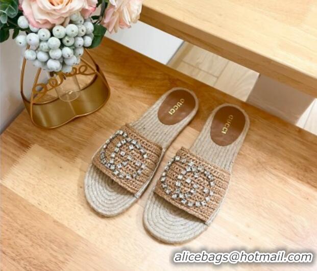 Pretty Style Gucci Strass Interlocking G Espadrille Flat Slides Sandal Dark Beige 05093