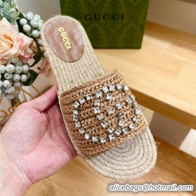 Pretty Style Gucci Strass Interlocking G Espadrille Flat Slides Sandal Dark Beige 05093