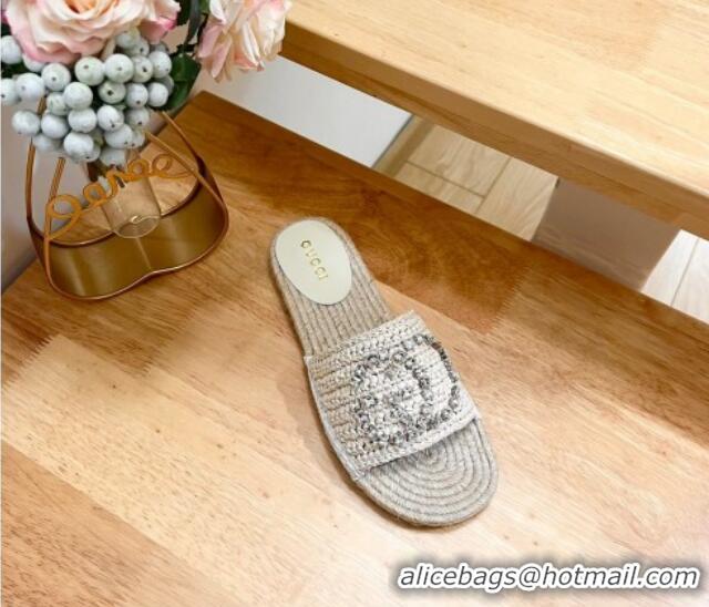 Good Looking Gucci Strass Interlocking G Espadrille Flat Slides Sandal Pale Beige 05094