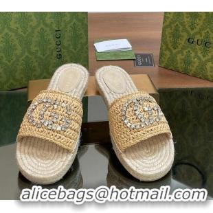 Top Grade Gucci Strass Interlocking G Espadrille Flat Slides Sandal Light Beige 05095