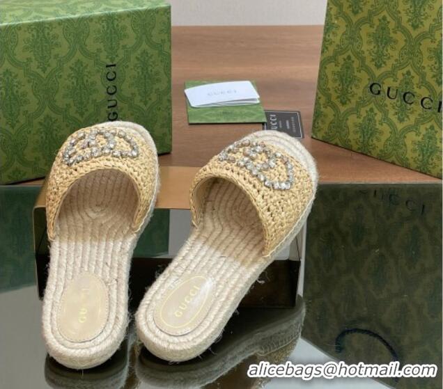 Top Grade Gucci Strass Interlocking G Espadrille Flat Slides Sandal Light Beige 05095