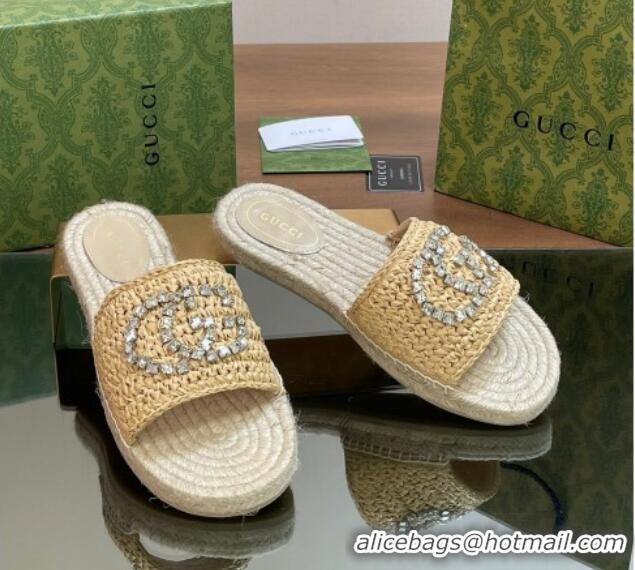 Top Grade Gucci Strass Interlocking G Espadrille Flat Slides Sandal Light Beige 05095