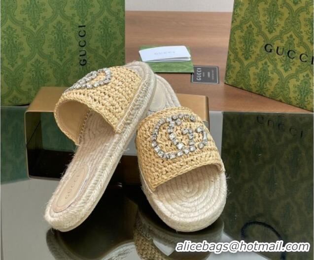 Top Grade Gucci Strass Interlocking G Espadrille Flat Slides Sandal Light Beige 05095