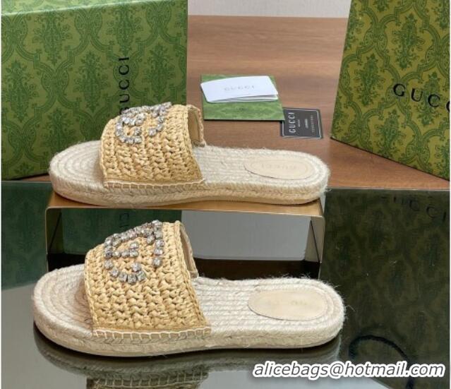 Top Grade Gucci Strass Interlocking G Espadrille Flat Slides Sandal Light Beige 05095