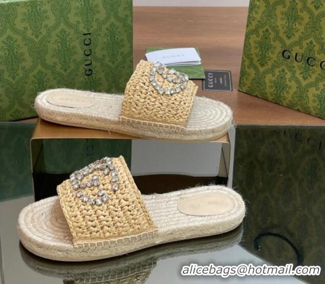 Top Grade Gucci Strass Interlocking G Espadrille Flat Slides Sandal Light Beige 05095