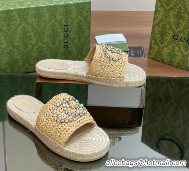 Top Grade Gucci Strass Interlocking G Espadrille Flat Slides Sandal Light Beige 05095