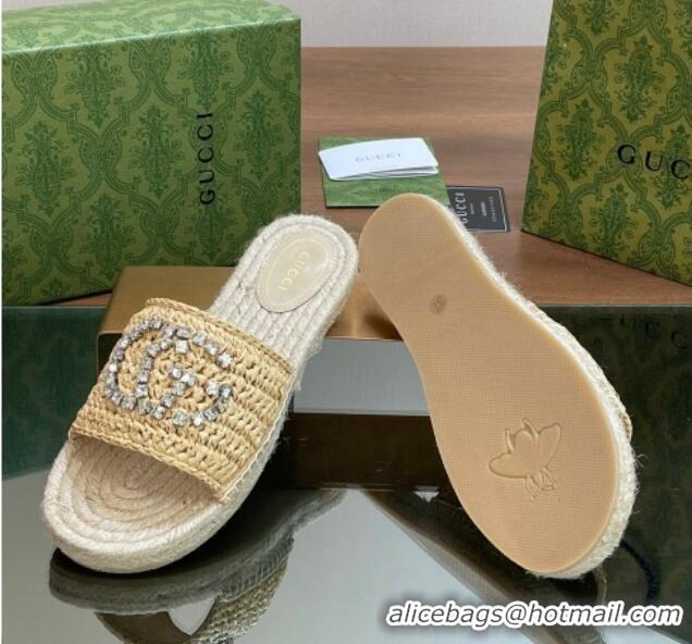 Top Grade Gucci Strass Interlocking G Espadrille Flat Slides Sandal Light Beige 05095