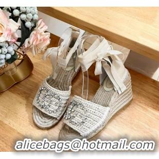 Durable Gucci Strass Interlocking G Espadrille Wedge Sandals with Ankle Tie Pale Beige 05096