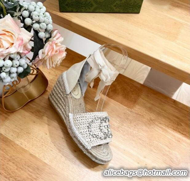 Durable Gucci Strass Interlocking G Espadrille Wedge Sandals with Ankle Tie Pale Beige 05096