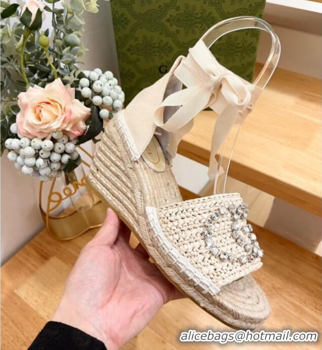 Durable Gucci Strass Interlocking G Espadrille Wedge Sandals with Ankle Tie Pale Beige 05096