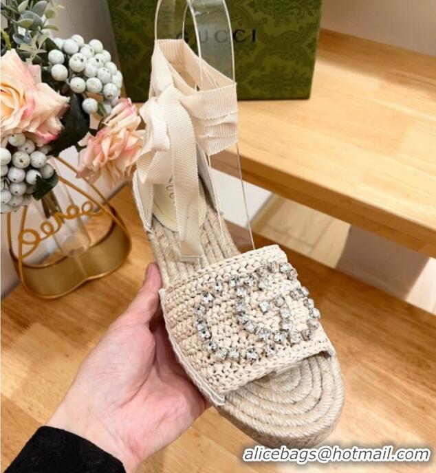 Durable Gucci Strass Interlocking G Espadrille Wedge Sandals with Ankle Tie Pale Beige 05096