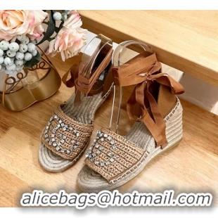 Grade Quality Gucci Strass Interlocking G Espadrille Wedge Sandals with Ankle Tie Dark Beige 05097