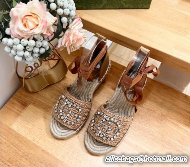 Grade Quality Gucci Strass Interlocking G Espadrille Wedge Sandals with Ankle Tie Dark Beige 05097