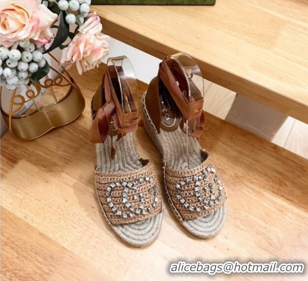 Grade Quality Gucci Strass Interlocking G Espadrille Wedge Sandals with Ankle Tie Dark Beige 05097