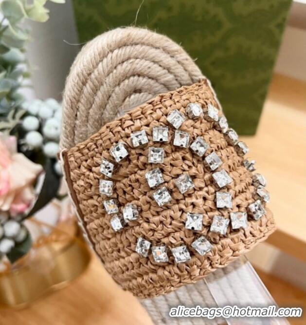 Grade Quality Gucci Strass Interlocking G Espadrille Wedge Sandals with Ankle Tie Dark Beige 05097