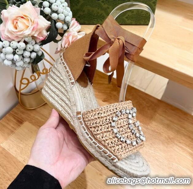 Grade Quality Gucci Strass Interlocking G Espadrille Wedge Sandals with Ankle Tie Dark Beige 05097