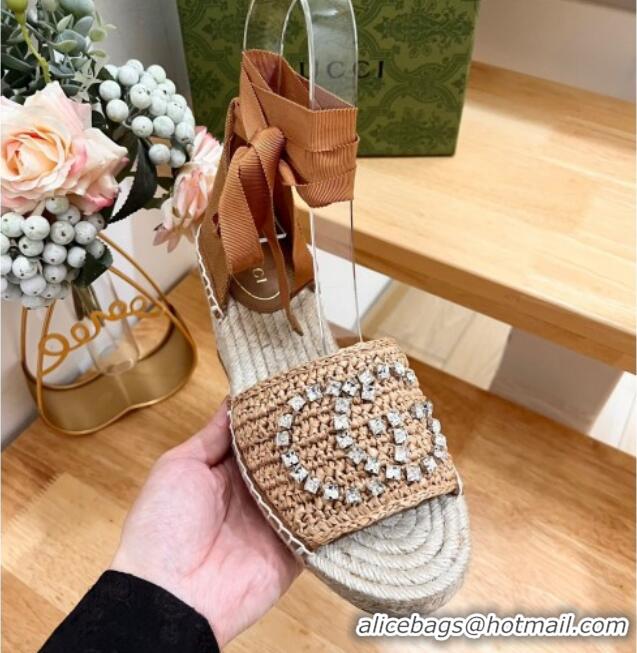 Grade Quality Gucci Strass Interlocking G Espadrille Wedge Sandals with Ankle Tie Dark Beige 05097