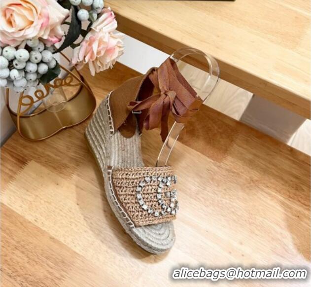 Grade Quality Gucci Strass Interlocking G Espadrille Wedge Sandals with Ankle Tie Dark Beige 05097