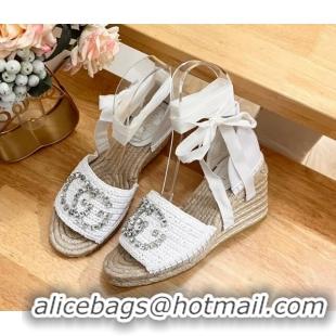 Good Quality Gucci Strass Interlocking G Espadrille Wedge Sandals with Ankle Tie White 05098