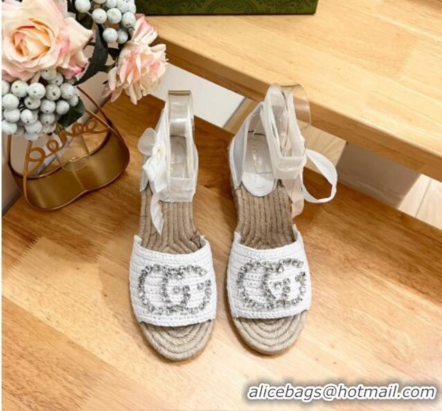 Good Quality Gucci Strass Interlocking G Espadrille Wedge Sandals with Ankle Tie White 05098