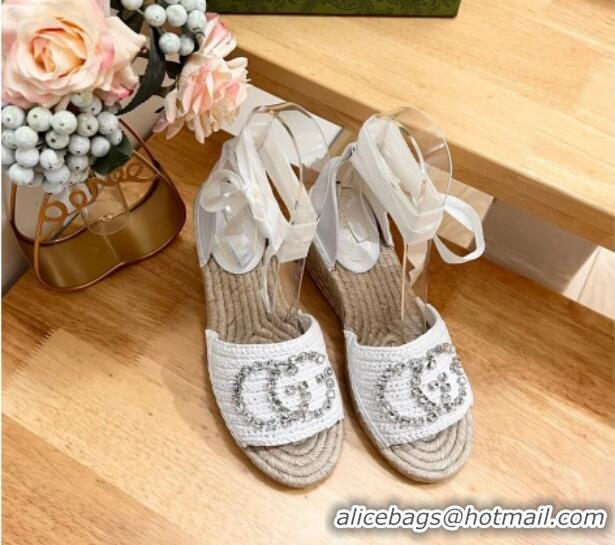 Good Quality Gucci Strass Interlocking G Espadrille Wedge Sandals with Ankle Tie White 05098