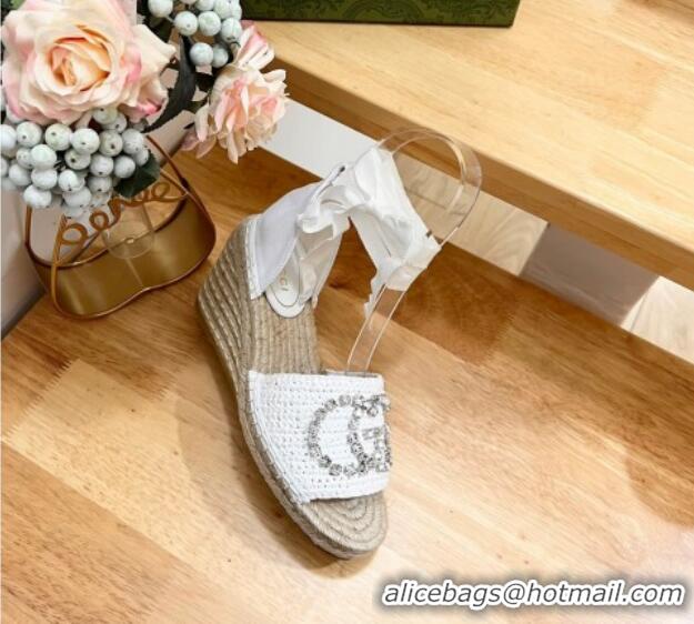 Good Quality Gucci Strass Interlocking G Espadrille Wedge Sandals with Ankle Tie White 05098