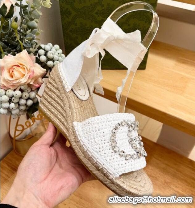 Good Quality Gucci Strass Interlocking G Espadrille Wedge Sandals with Ankle Tie White 05098