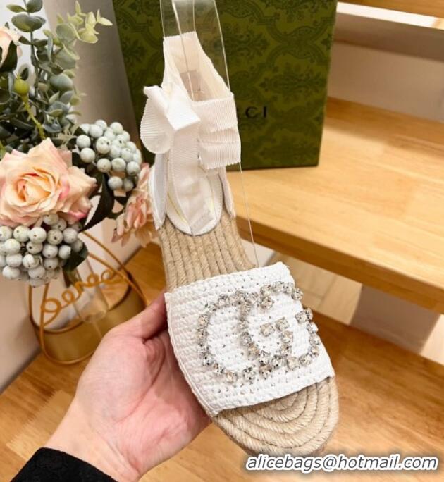 Good Quality Gucci Strass Interlocking G Espadrille Wedge Sandals with Ankle Tie White 05098