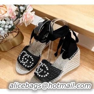 Low Cost Gucci Strass Interlocking G Espadrille Wedge Sandals with Ankle Tie Black 05099