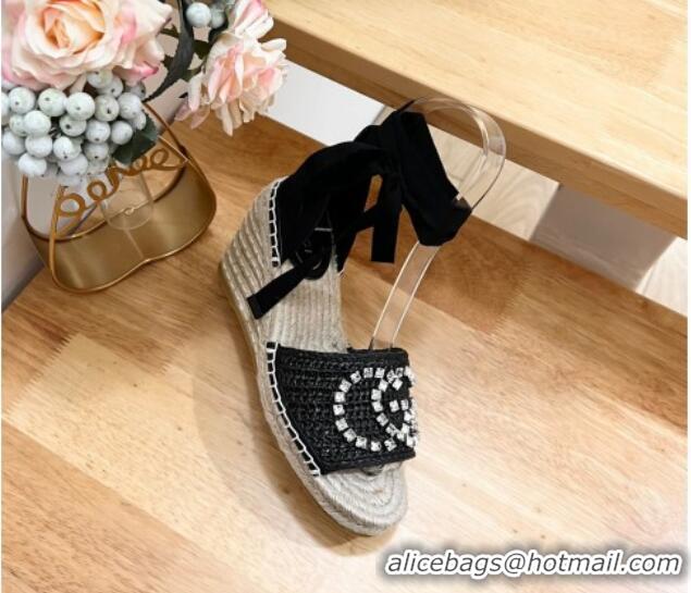 Low Cost Gucci Strass Interlocking G Espadrille Wedge Sandals with Ankle Tie Black 05099